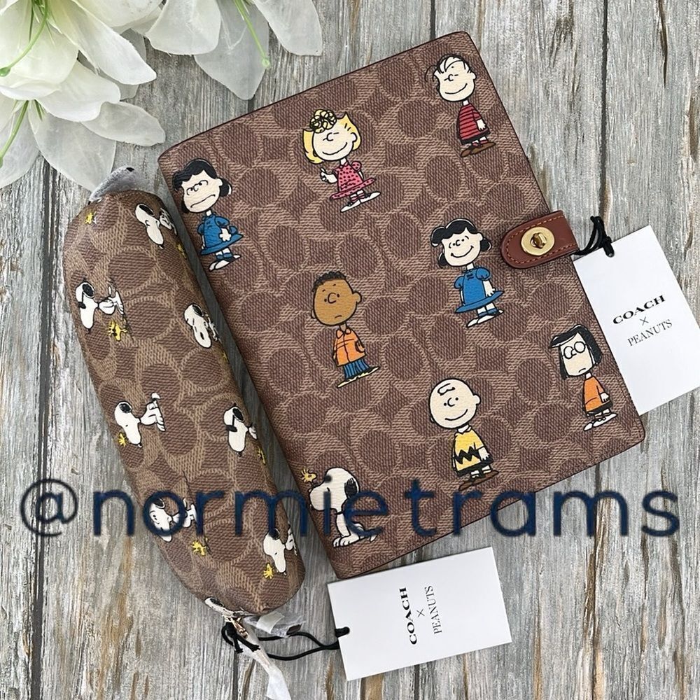 Coach X Peanuts Notebook & Snoopy Pencil Case In Signature Canvas Bag Purse